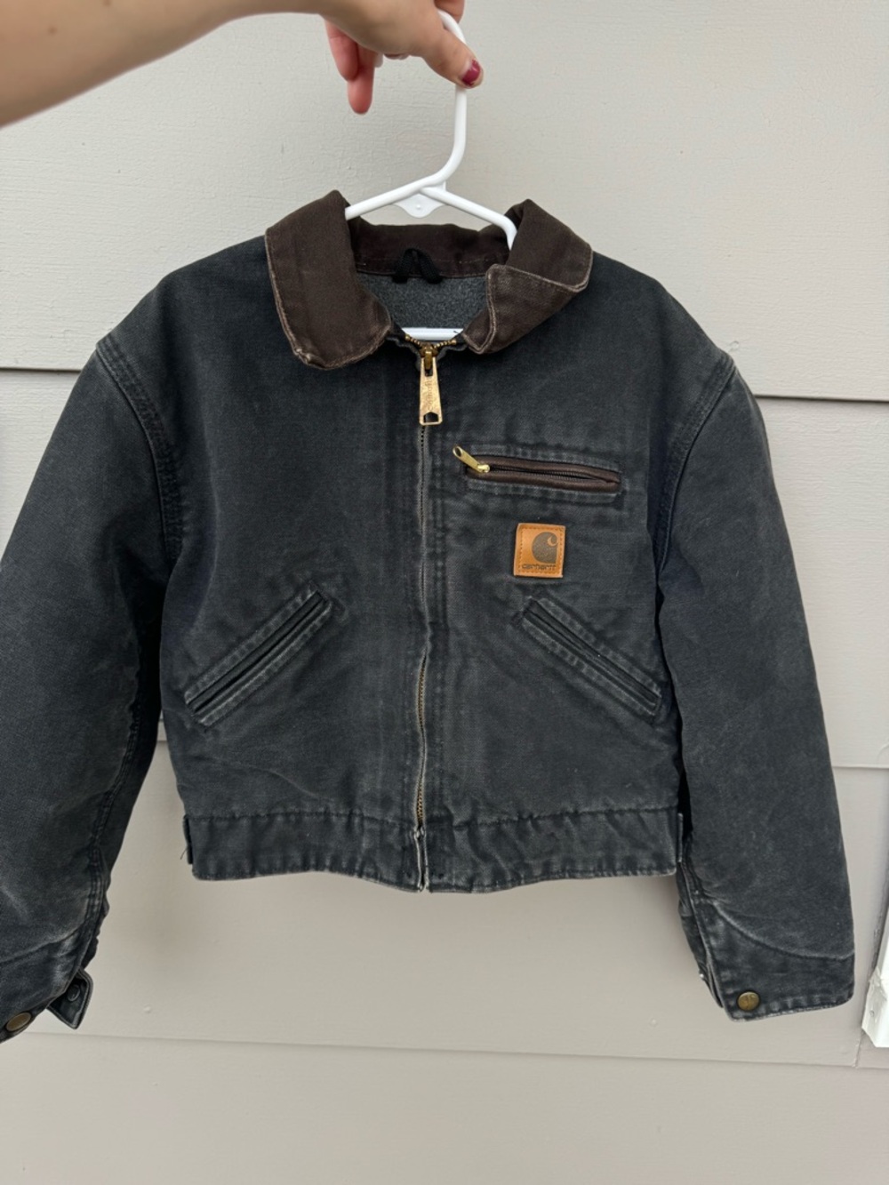 vintage Carhartt Kids Black Jacket with Brown Collar and Brass Hardware
